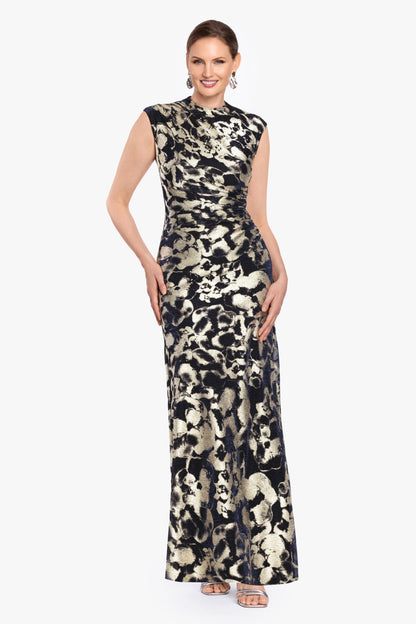 Petite "Cory" Metallic Print Ruched Dress - Navy/Gold | Betsy & Adam