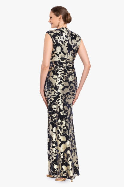Petite "Cory" Metallic Print Ruched Dress - Navy/Gold | Betsy & Adam