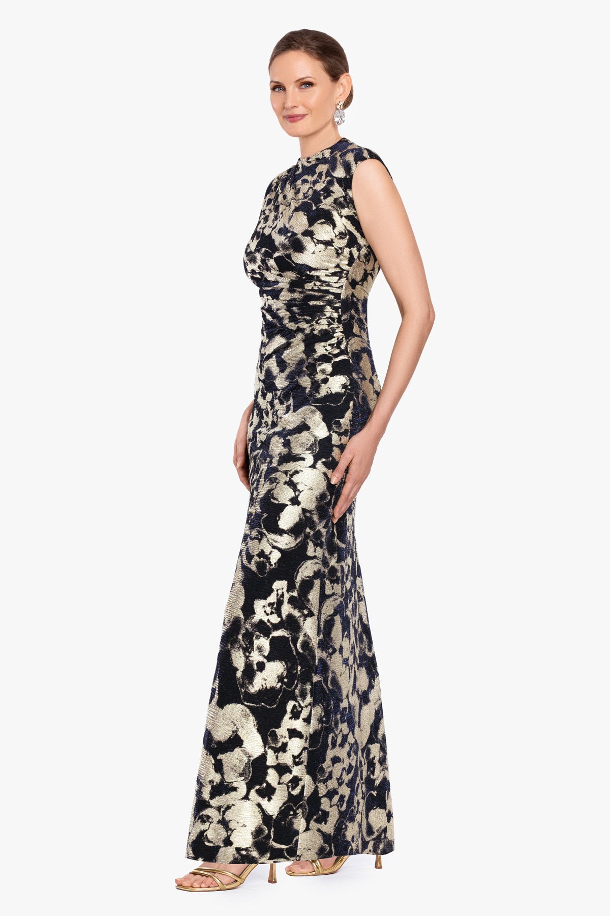 Petite "Cory" Metallic Print Ruched Dress - Navy/Gold | Betsy & Adam