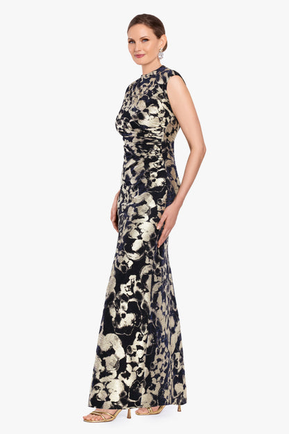 Petite "Cory" Metallic Print Ruched Dress - Navy/Gold | Betsy & Adam