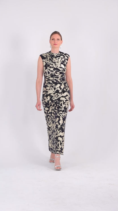 Petite "Cory" Metallic Print Ruched Dress - Navy/Gold | Betsy & Adam
