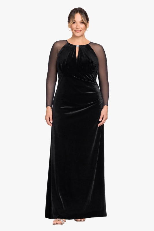 Plus "Paris" Velvet & Mesh Long Sleeve Dress - Black | Betsy & Adam