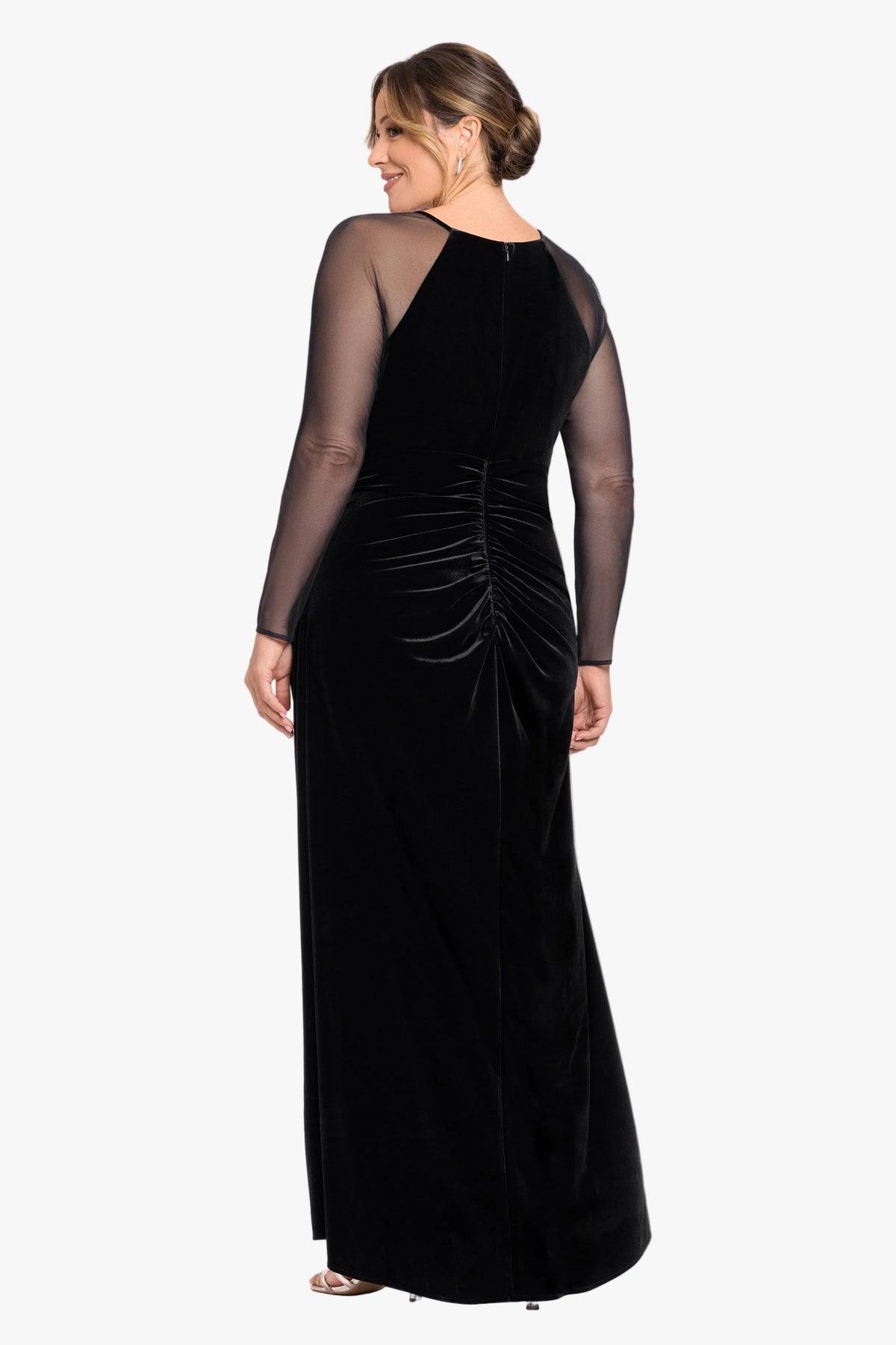 Plus "Paris" Velvet & Mesh Long Sleeve Dress - Black | Betsy & Adam