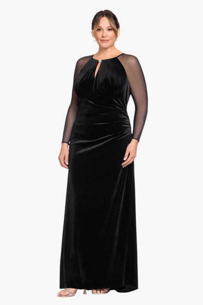 Plus "Paris" Velvet & Mesh Long Sleeve Dress - Black | Betsy & Adam