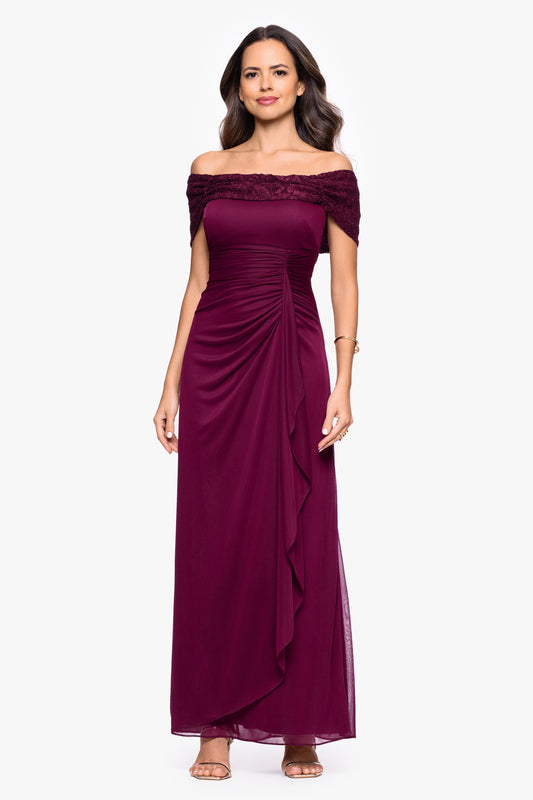 "Shailene" Sheer Matte Jersey & Glitter Lace Off The Shoulder Top Dress - Wine | Betsy & Adam