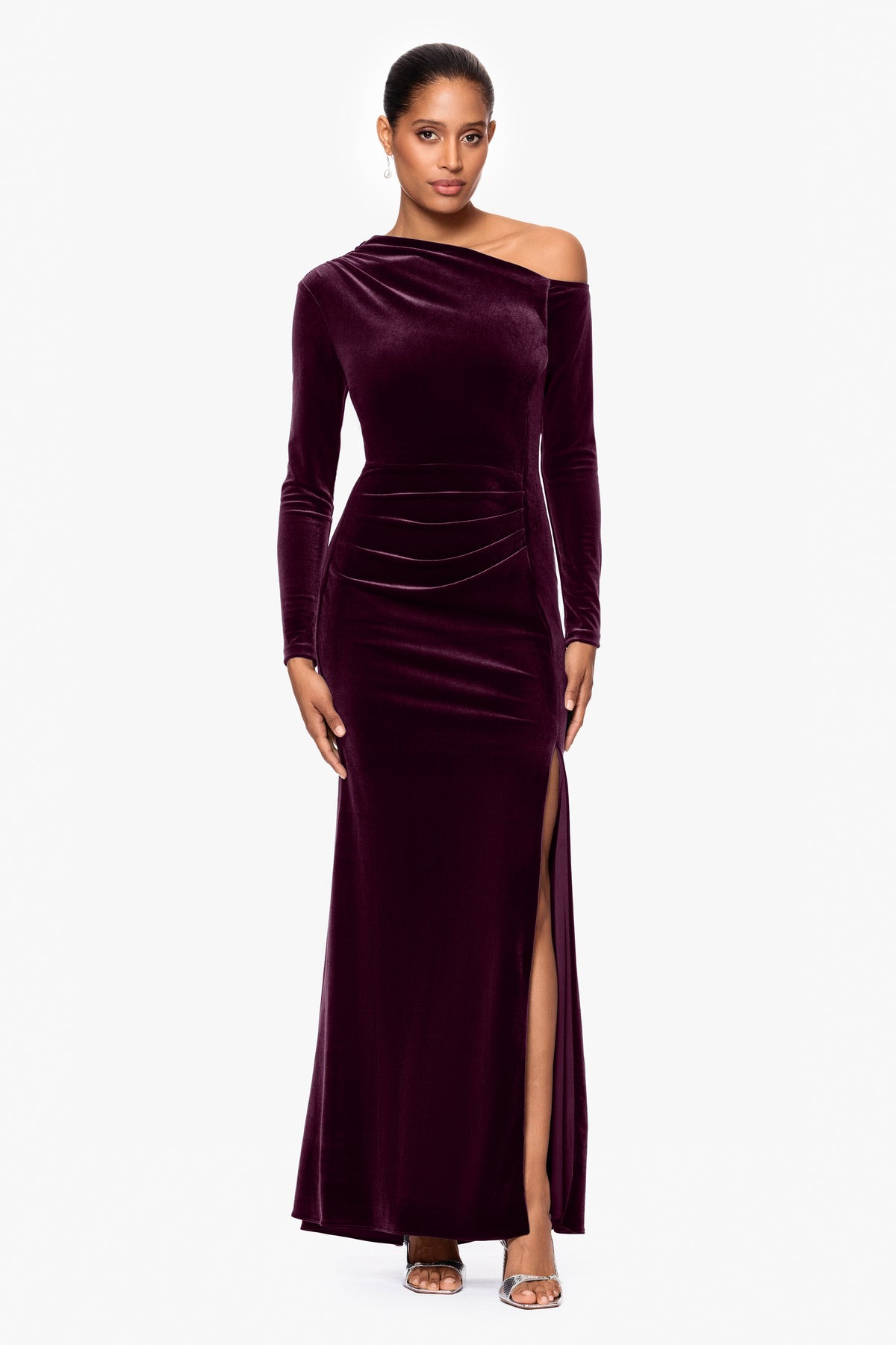 "Annette" Velvet Off Shoulder Long Sleeve Dress - Maroon | Betsy & Adam