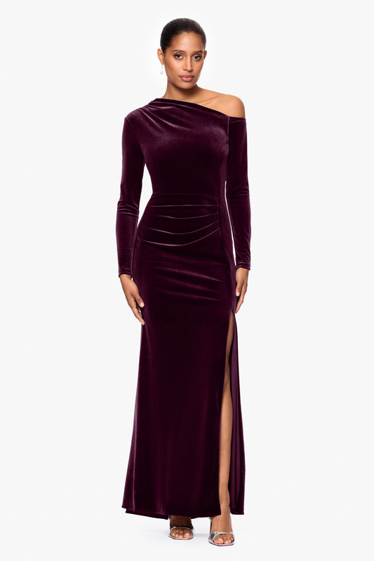 "Annette" Velvet Off Shoulder Long Sleeve Dress - Maroon | Betsy & Adam