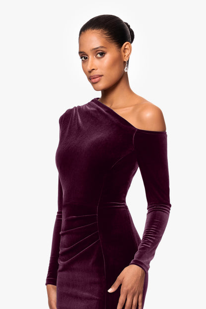 "Annette" Velvet Off Shoulder Long Sleeve Dress - Maroon | Betsy & Adam