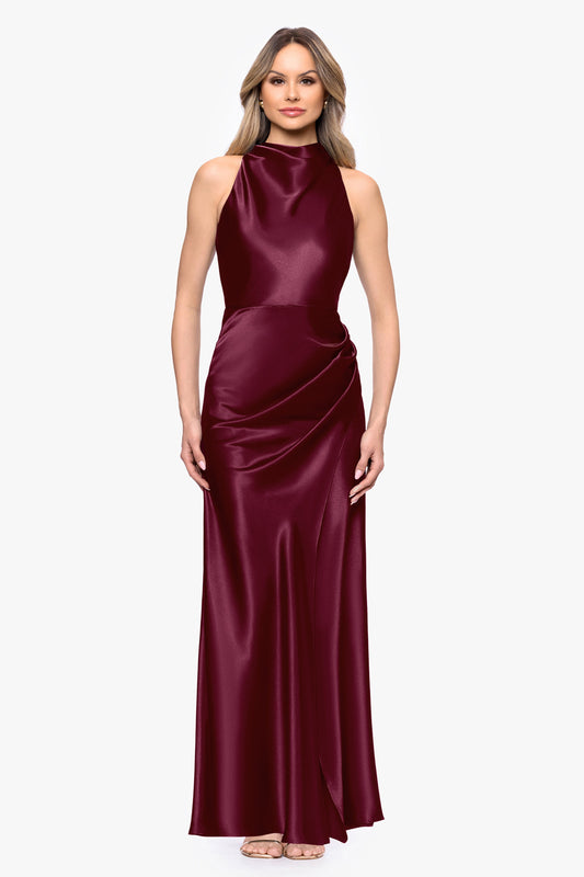 Petite "Tatum" Satin Cowl Mock Neck Dress - Burgundy | Betsy & Adam
