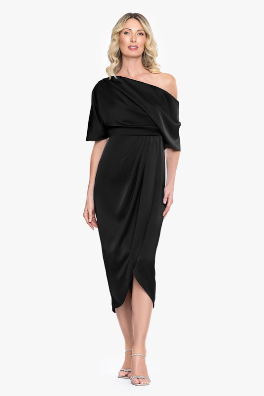"Sylvie" Satin Short Sleeve Tulip Midi Dress - Black | Betsy & Adam