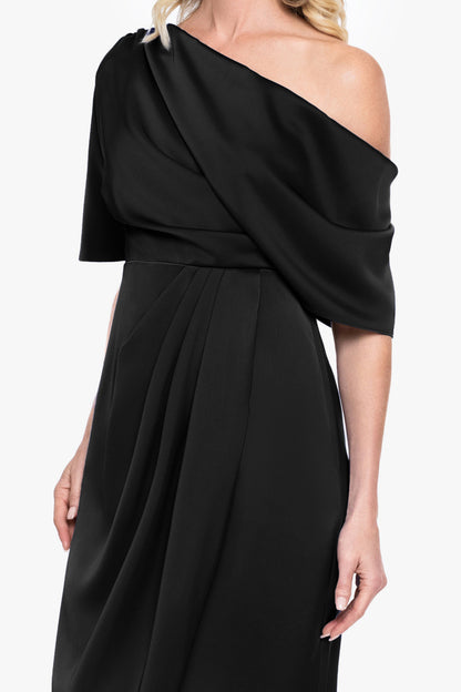 "Sylvie" Satin Short Sleeve Tulip Midi Dress - Black | Betsy & Adam