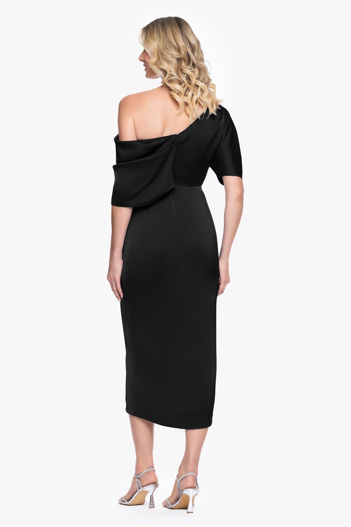 "Sylvie" Satin Short Sleeve Tulip Midi Dress - Black | Betsy & Adam