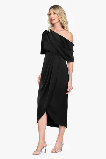"Sylvie" Satin Short Sleeve Tulip Midi Dress - Black | Betsy & Adam