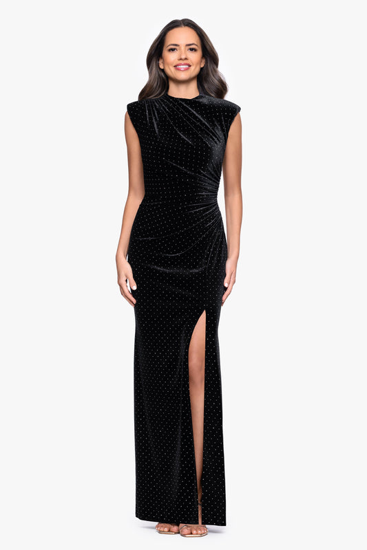 Petite "Andrea" Studded Velvet Slit Dress - Black/Silver | Betsy & Adam