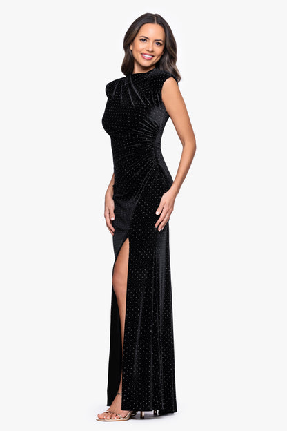 Petite "Andrea" Studded Velvet Slit Dress - Black/Silver | Betsy & Adam
