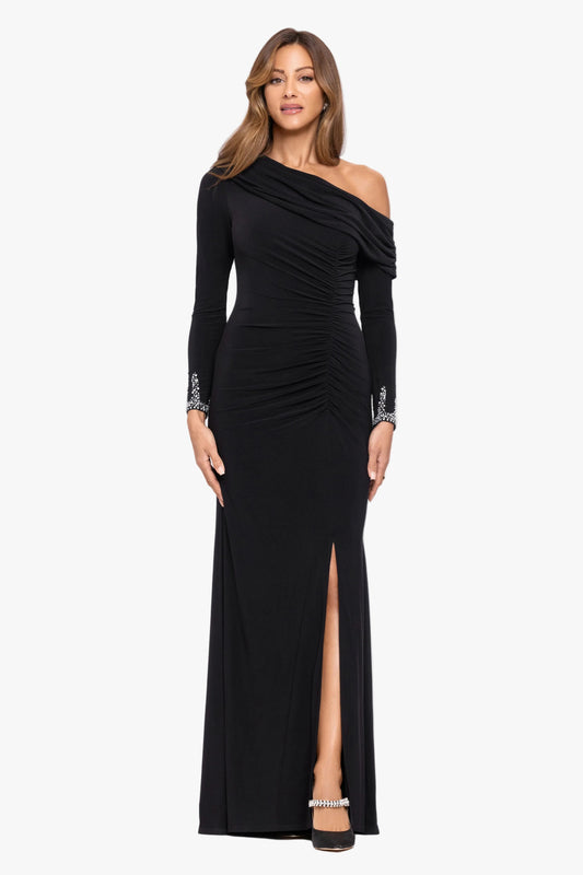 "Tamara" Jersey Knit Off The Shoulder Long Beaded Sleeve Dress - Black/Silver | Betsy & Adam