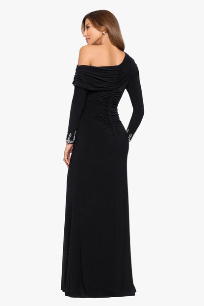 "Tamara" Jersey Knit Off The Shoulder Long Beaded Sleeve Dress - Black/Silver | Betsy & Adam