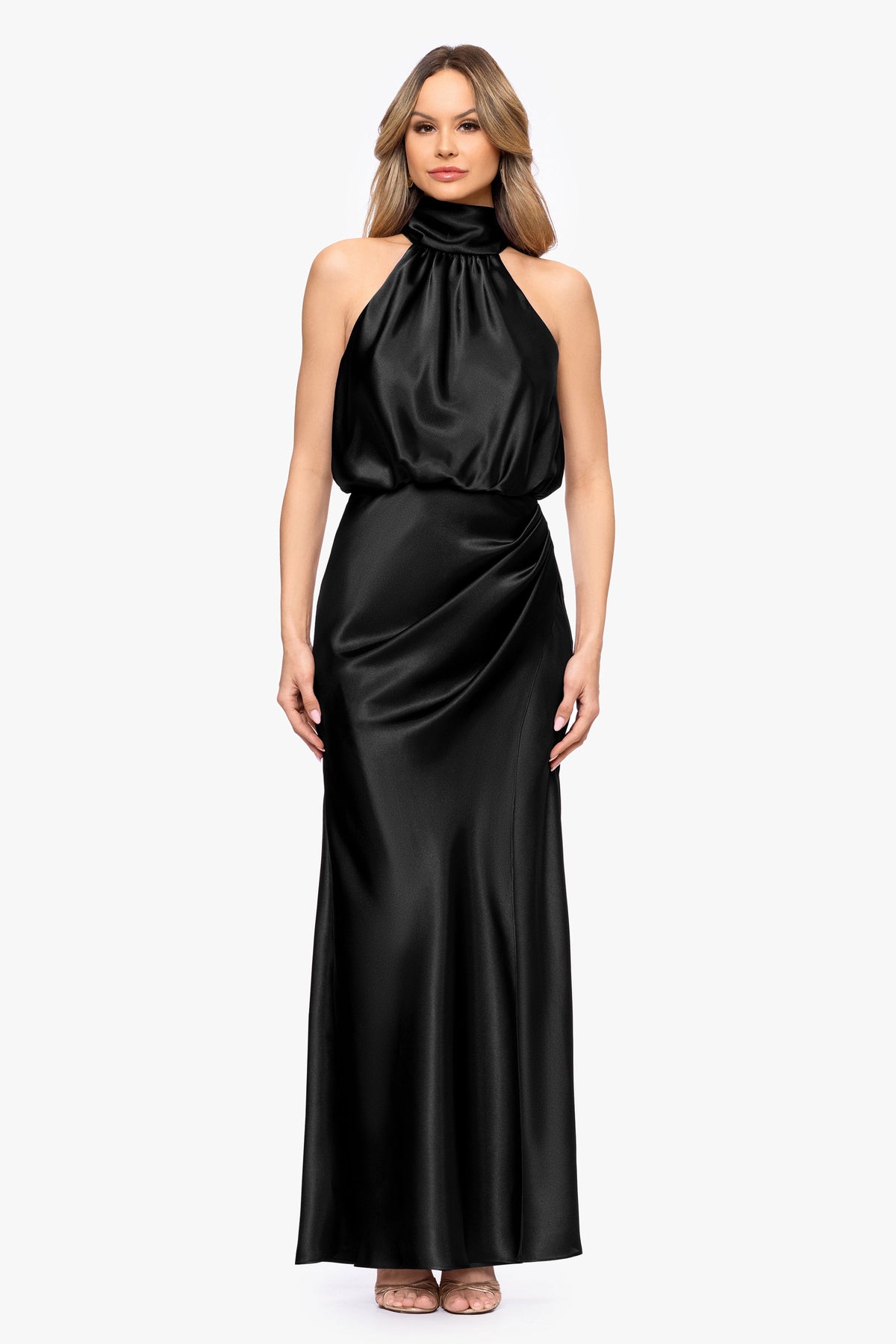"Tara" Satin Tie Neck Dress - Black | Betsy & Adam