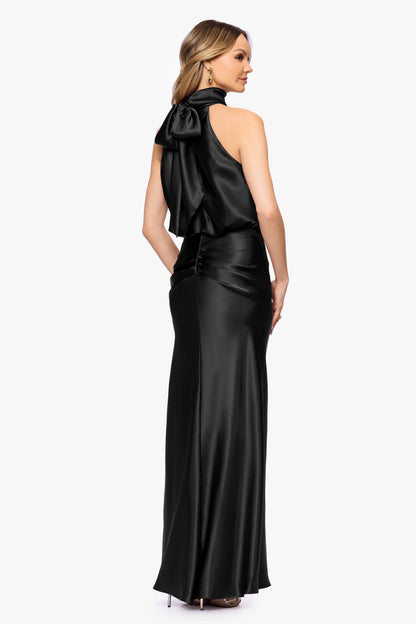 "Tara" Satin Tie Neck Dress - Black | Betsy & Adam