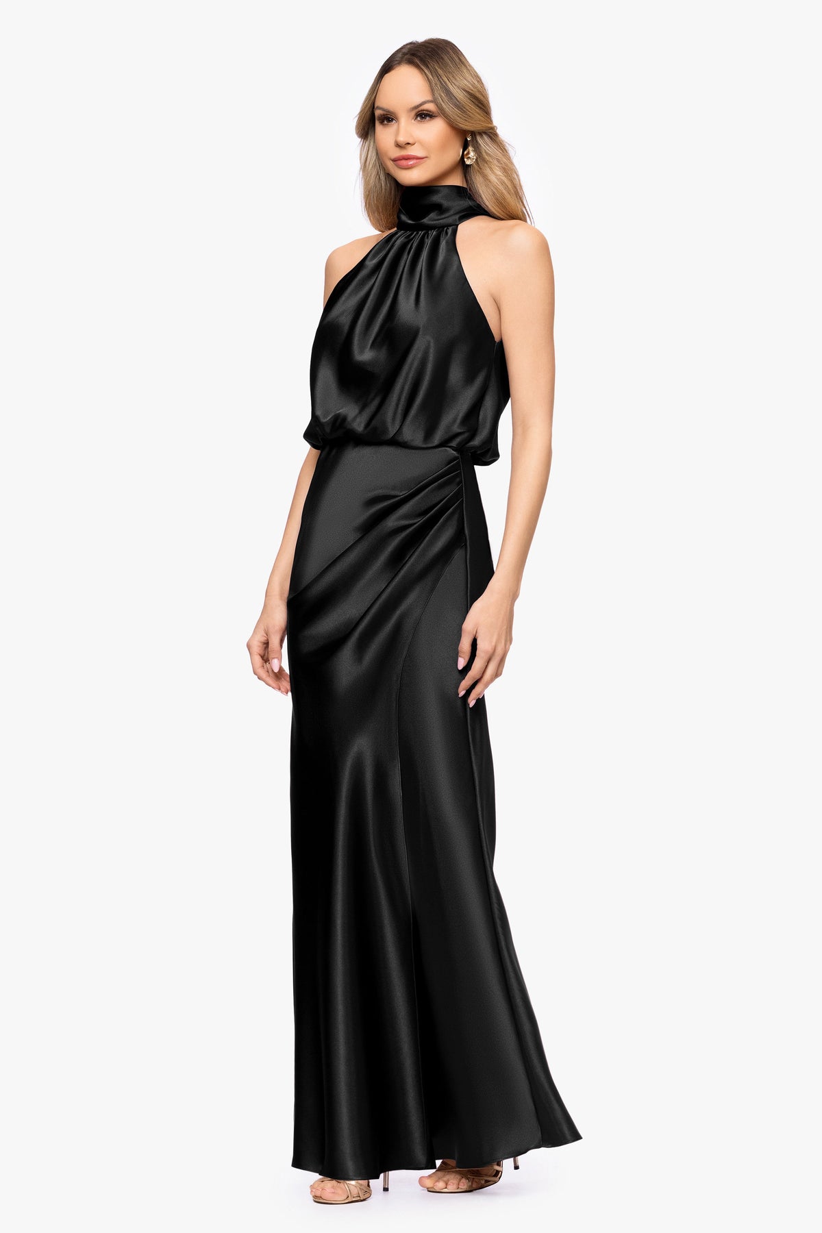 "Tara" Satin Tie Neck Dress - Black | Betsy & Adam