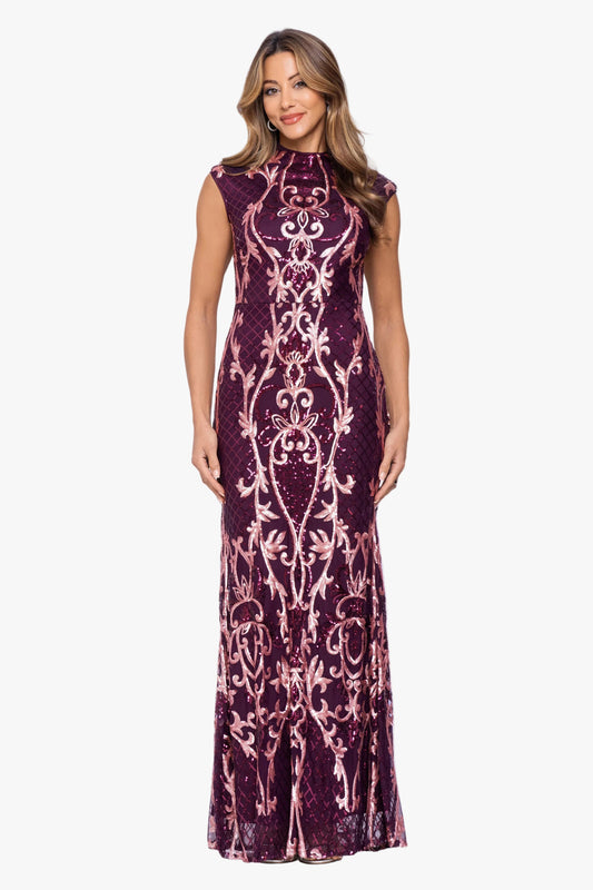 "Gerri" Placement Sequin Mock Neckline Dress - Wine/Rose | Betsy & Adam