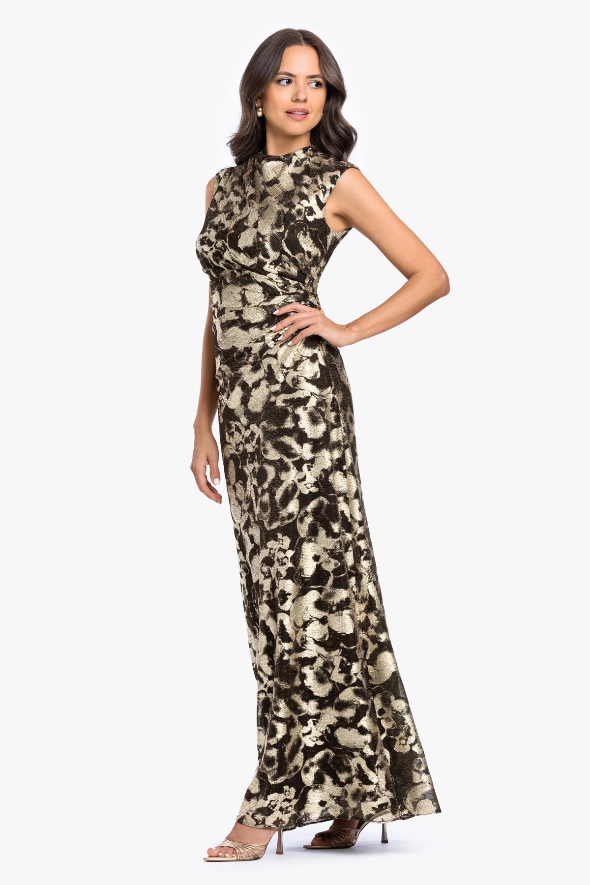 Petite "Cory" Metallic Print Ruched Dress - Brown/Gold | Betsy & Adam