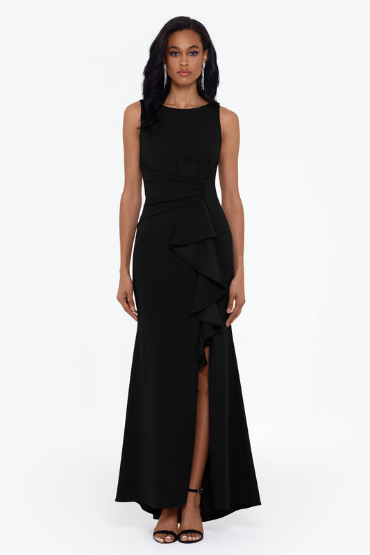 "Christine" Scuba Crepe Ruffled Bow Dress - Black | Betsy & Adam