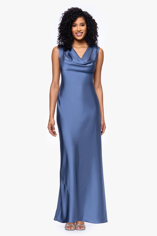 Petite "Amberly" Satin Drape Neck Dress - Slate | Betsy & Adam