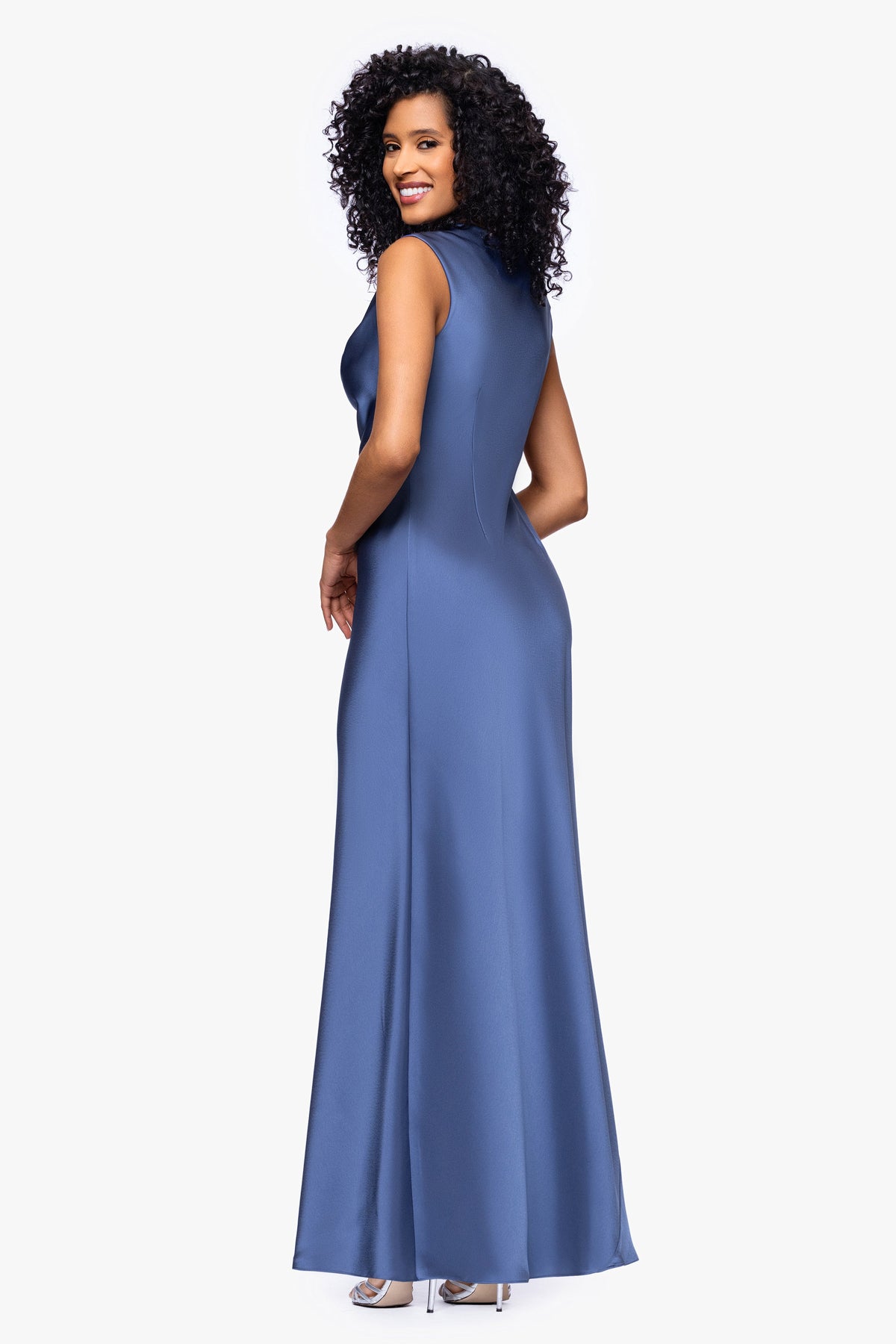Petite "Amberly" Satin Drape Neck Dress - Slate | Betsy & Adam