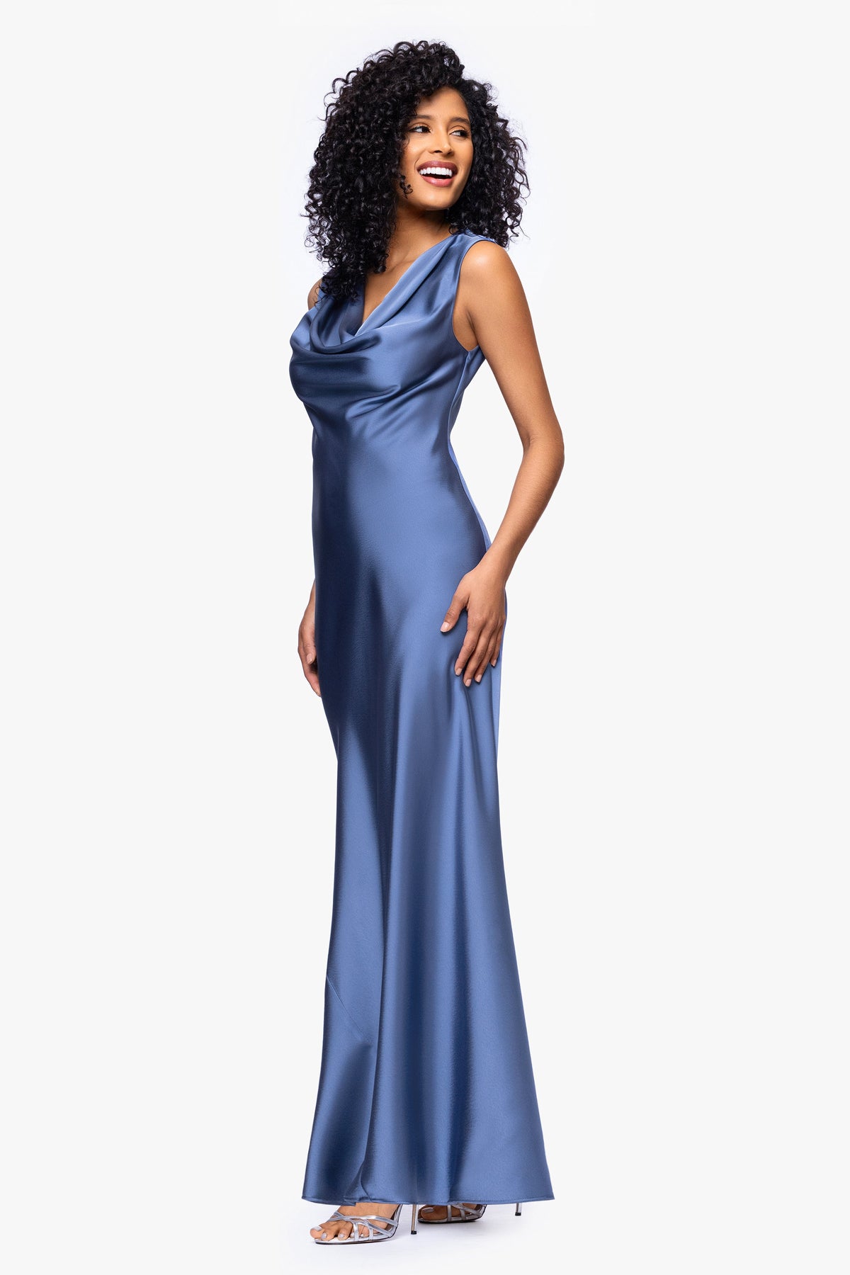 Petite "Amberly" Satin Drape Neck Dress - Slate | Betsy & Adam
