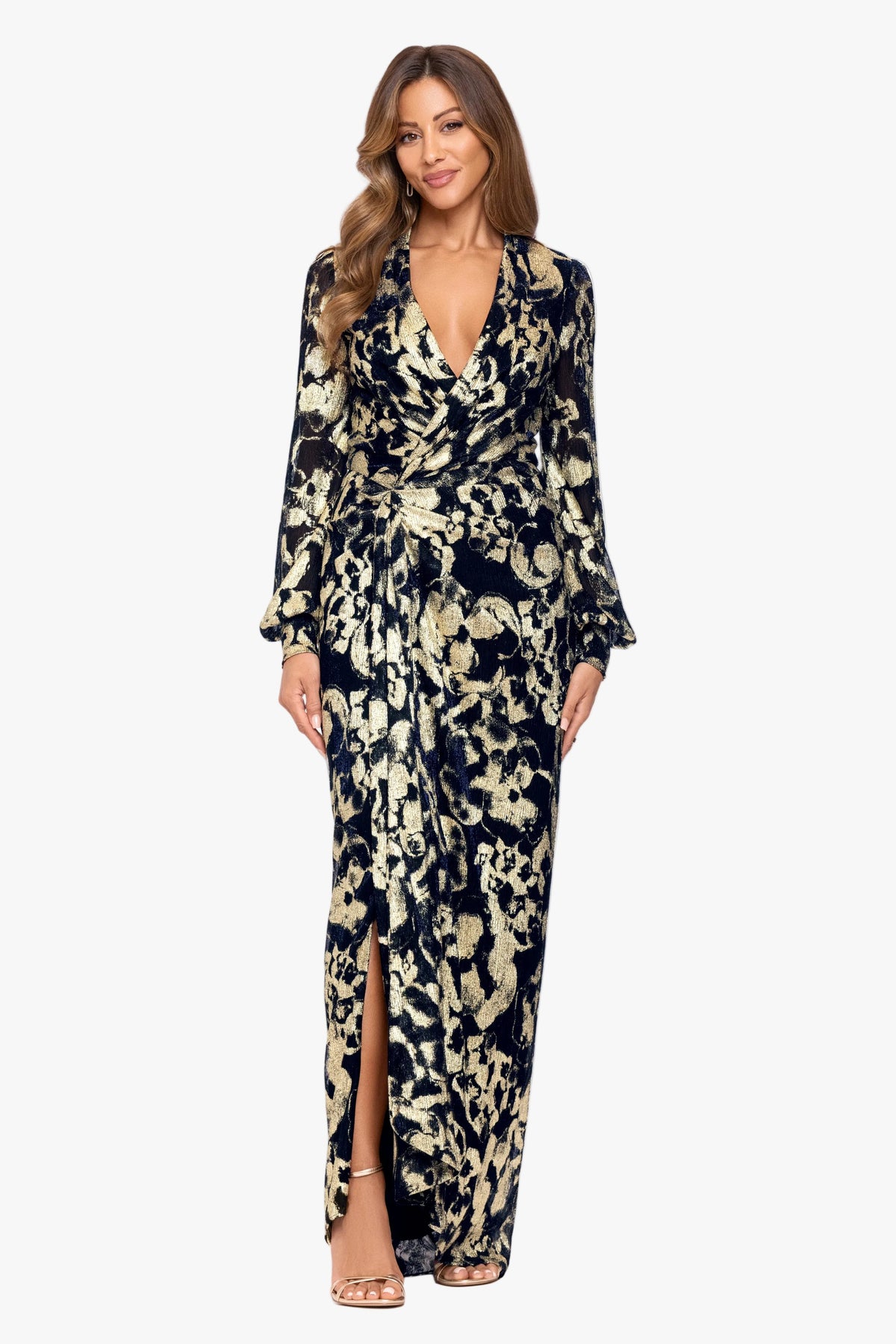 "Bailey" Crinkle Metallic V-Neck Long Sleeve Dress - Navy/Gold | Betsy & Adam