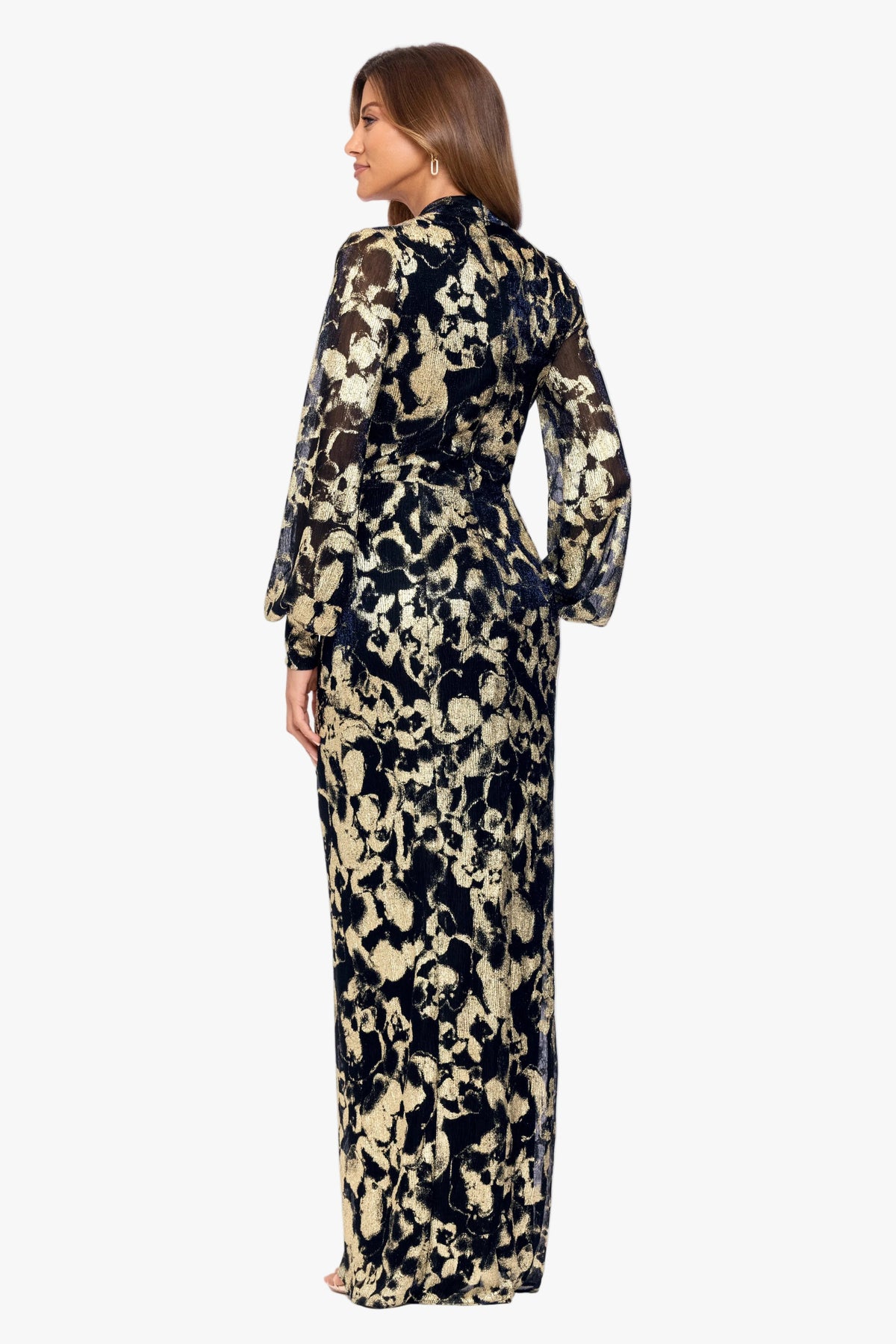 "Bailey" Crinkle Metallic V-Neck Long Sleeve Dress - Navy/Gold | Betsy & Adam