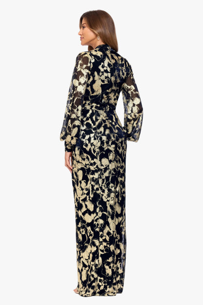 "Bailey" Crinkle Metallic V-Neck Long Sleeve Dress - Navy/Gold | Betsy & Adam