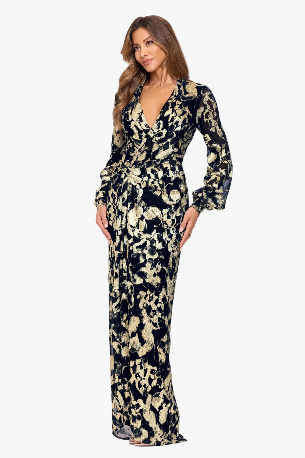 "Bailey" Crinkle Metallic V-Neck Long Sleeve Dress - Navy/Gold | Betsy & Adam