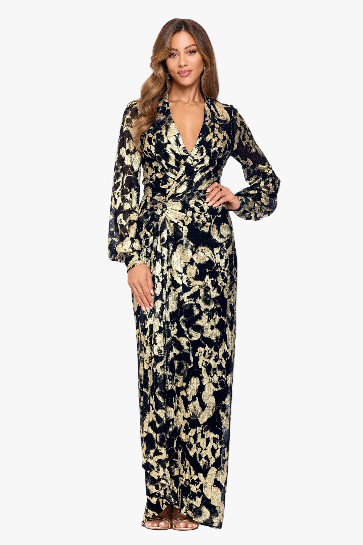 "Bailey" Crinkle Metallic V-Neck Long Sleeve Dress - Navy/Gold | Betsy & Adam