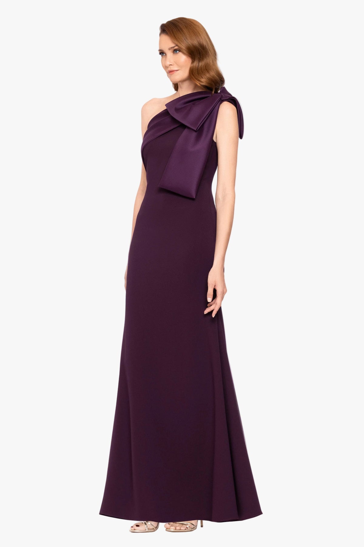 "Carmela" Scuba Crepe With Satin Bow Dress - Plum | Betsy & Adam