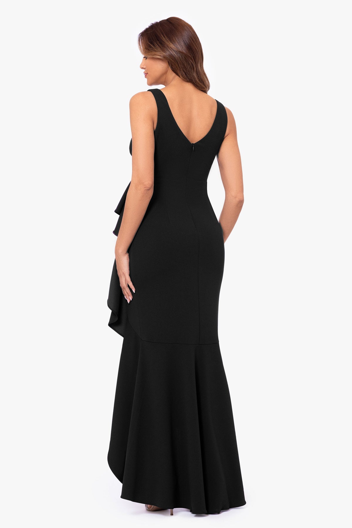 "Candace" V-Neck Hi Low Cascade Dress - Black | Betsy & Adam