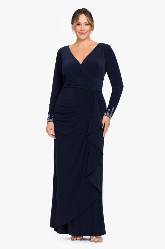 Plus "Lenora" Jersey Knit Beaded Long Sleeve V-Neck Dress - Navy/Silver | Betsy & Adam