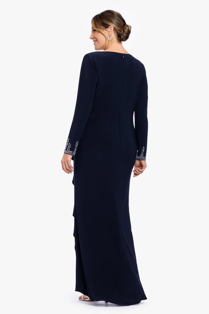Plus "Lenora" Jersey Knit Beaded Long Sleeve V-Neck Dress - Navy/Silver | Betsy & Adam