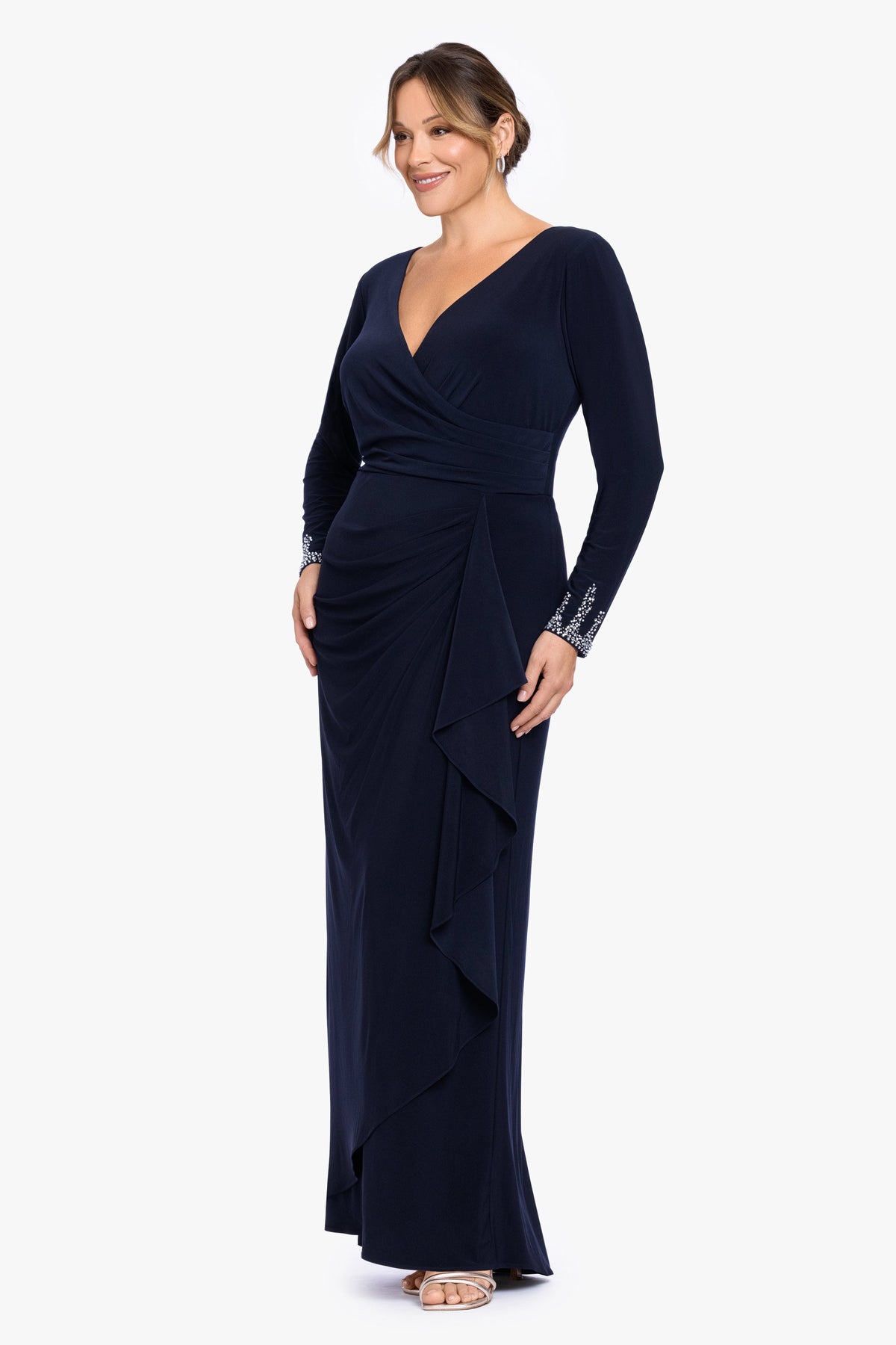 Plus "Lenora" Jersey Knit Beaded Long Sleeve V-Neck Dress - Navy/Silver | Betsy & Adam
