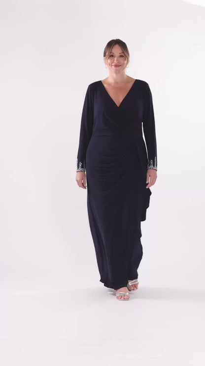 Plus "Lenora" Jersey Knit Beaded Long Sleeve V-Neck Dress - Navy/Silver | Betsy & Adam
