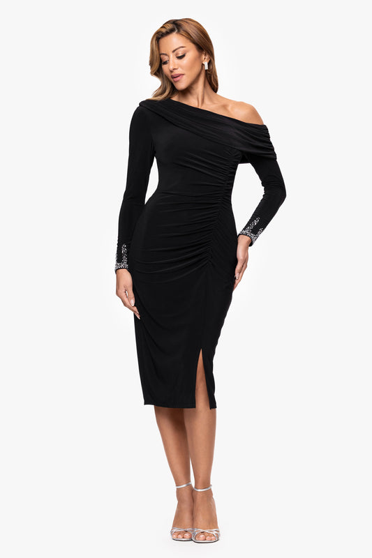 "Lydia" Jersey Knit Off The Shoulder Long Sleeve Silver Trim Midi Dress - Black/Silver | Betsy & Adam