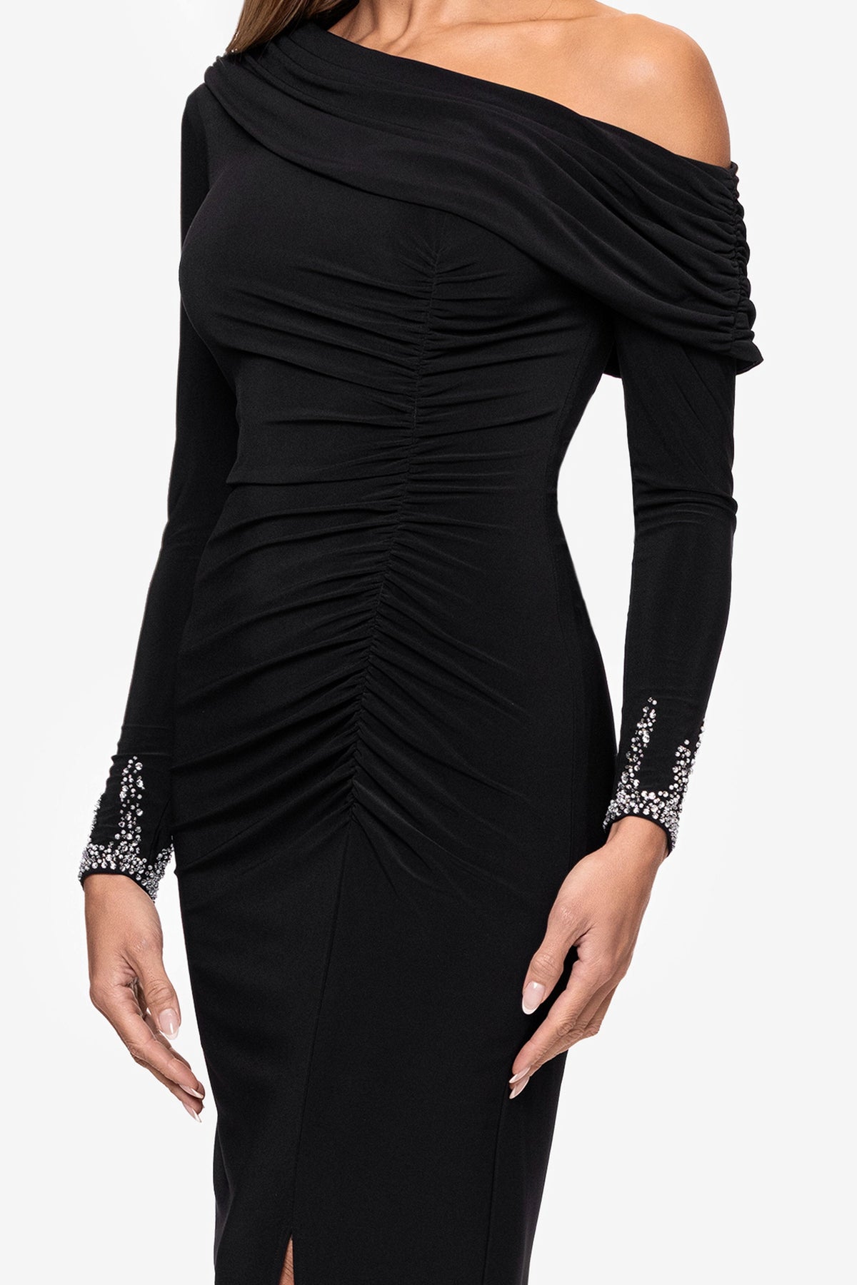 "Lydia" Jersey Knit Off The Shoulder Long Sleeve Silver Trim Midi Dress - Black/Silver | Betsy & Adam