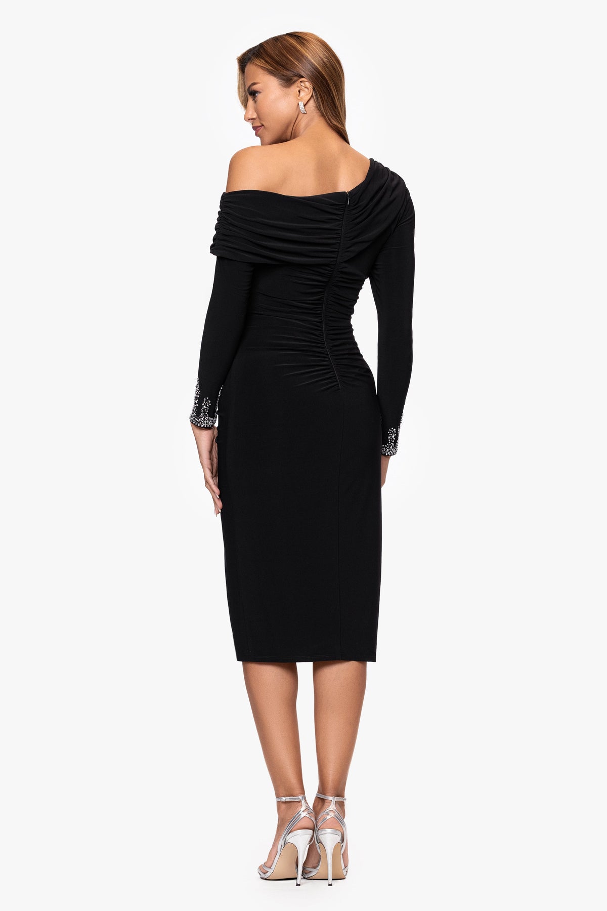 "Lydia" Jersey Knit Off The Shoulder Long Sleeve Silver Trim Midi Dress - Black/Silver | Betsy & Adam