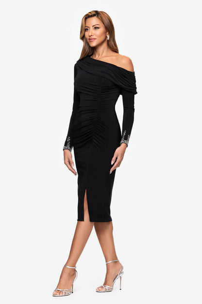 "Lydia" Jersey Knit Off The Shoulder Long Sleeve Silver Trim Midi Dress - Black/Silver | Betsy & Adam