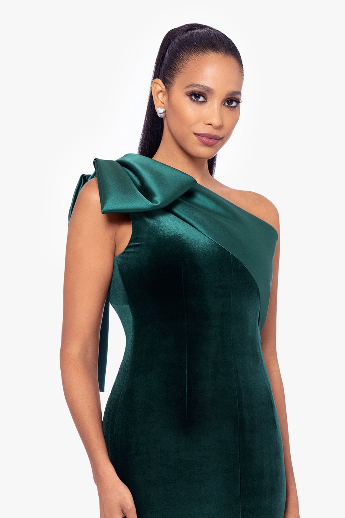 "Elena" Velvet One Shoulder & Mikado Bow Dress - Hunter | Betsy & Adam