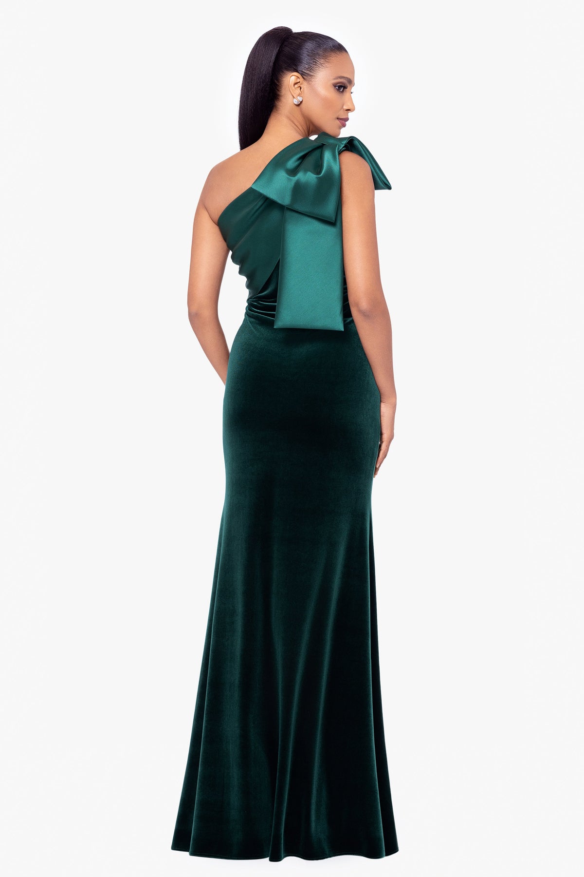 "Elena" Velvet One Shoulder & Mikado Bow Dress - Hunter | Betsy & Adam