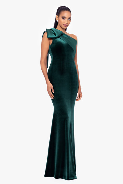 "Elena" Velvet One Shoulder & Mikado Bow Dress - Hunter | Betsy & Adam