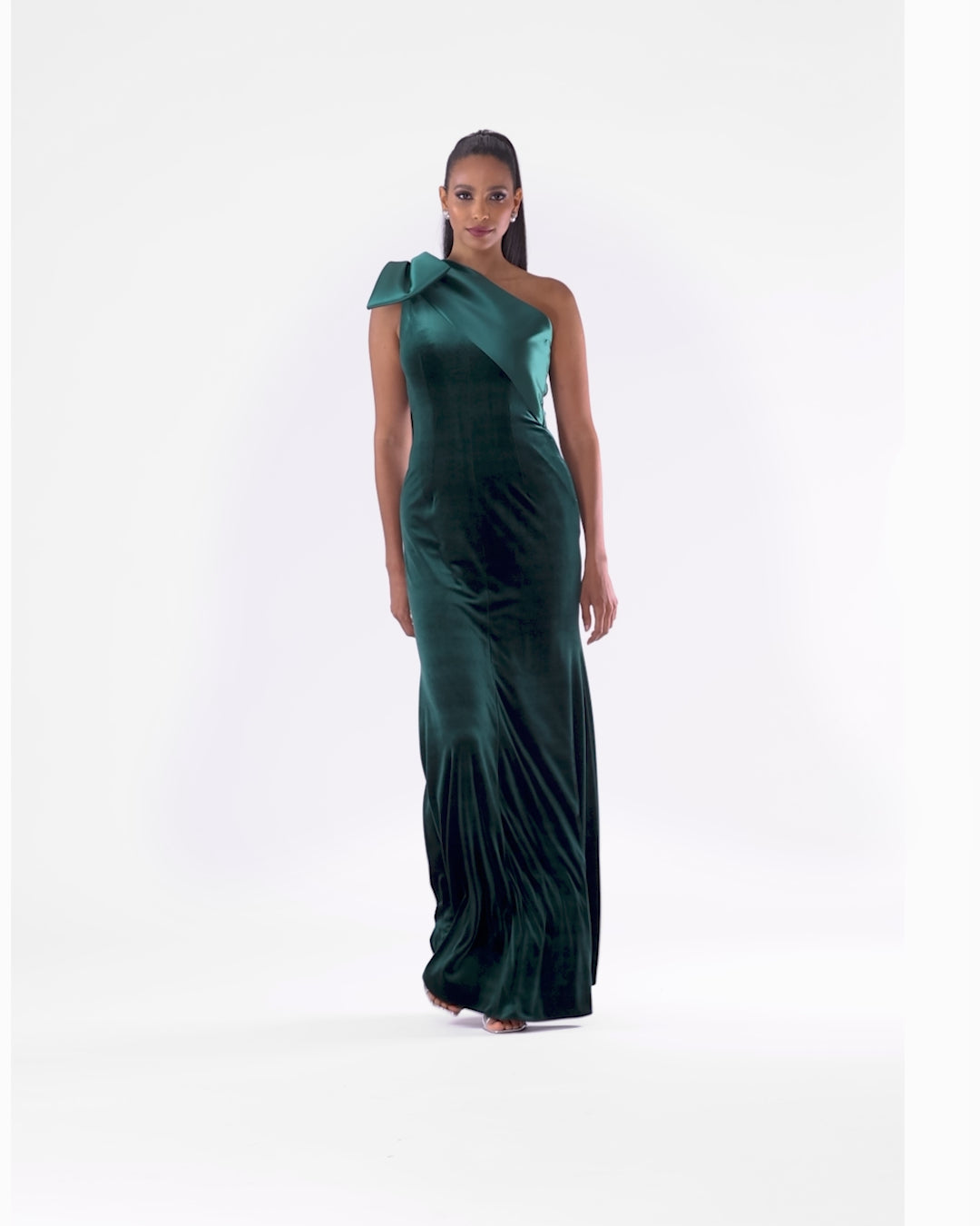 "Elena" Velvet One Shoulder & Mikado Bow Dress - Hunter | Betsy & Adam