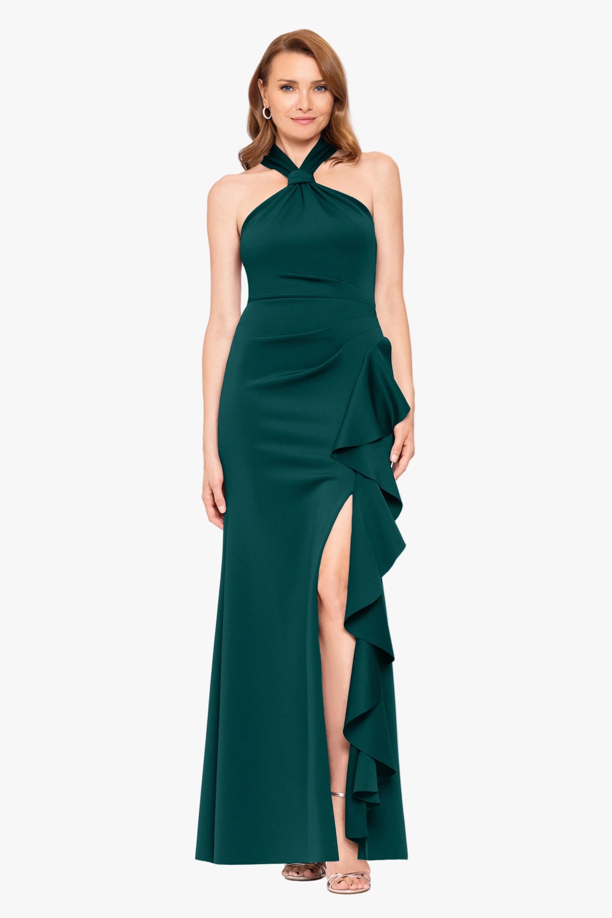 "Hazel" Scuba Crepe Knotted Neck Side Ruffle Dress - Hunter | Betsy & Adam